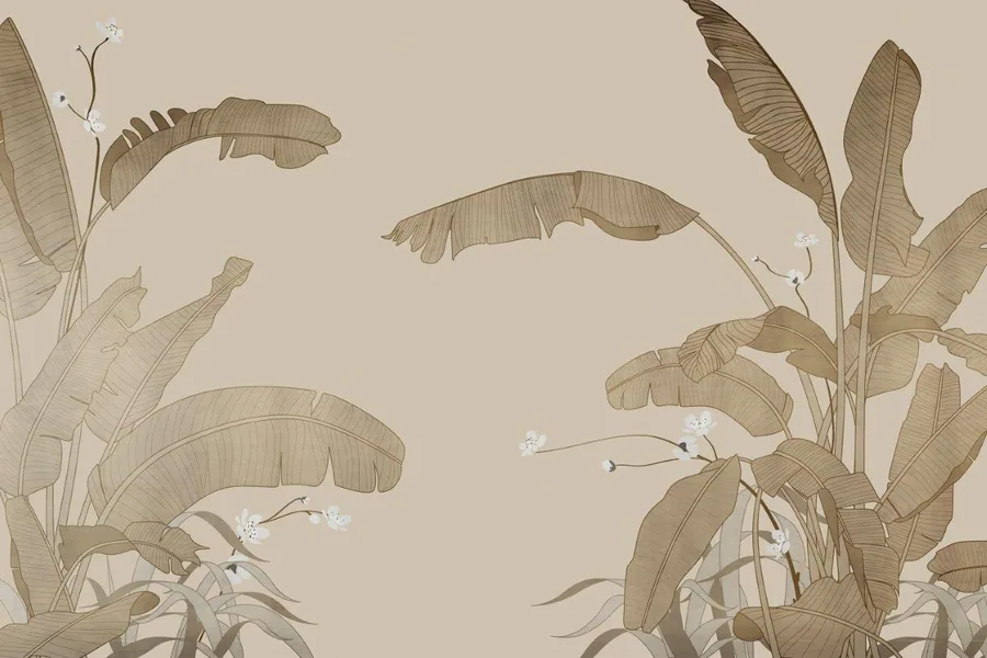Line-drawn banana leaves and climbing flowers in cream and tan on beige background