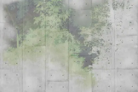 Concrete tiles with overlaid green foliage and dappled shadow effect creating organic botanical aesthetic