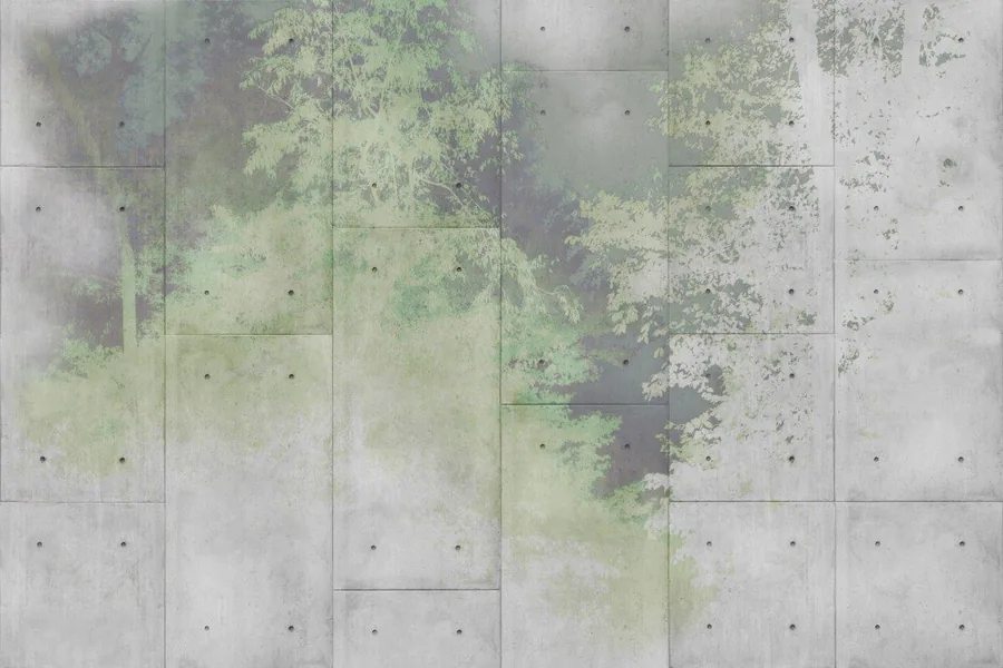 Concrete tiles with overlaid green foliage and dappled shadow effect creating organic botanical aesthetic