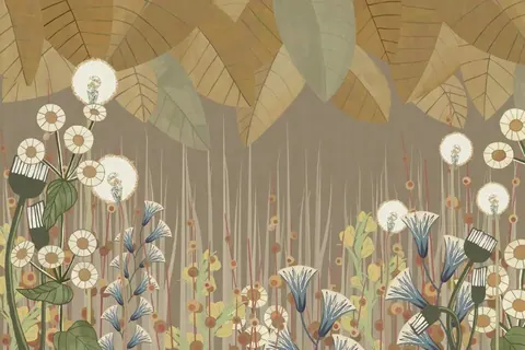 Botanical mural with white dandelions, blue flowers, and golden leaves on neutral background
