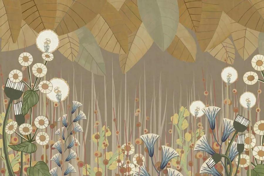 Botanical mural with white dandelions, blue flowers, and golden leaves on neutral background