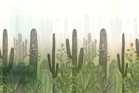 Repeating pattern of tall saguaro cacti with desert plants in muted green and cream tones