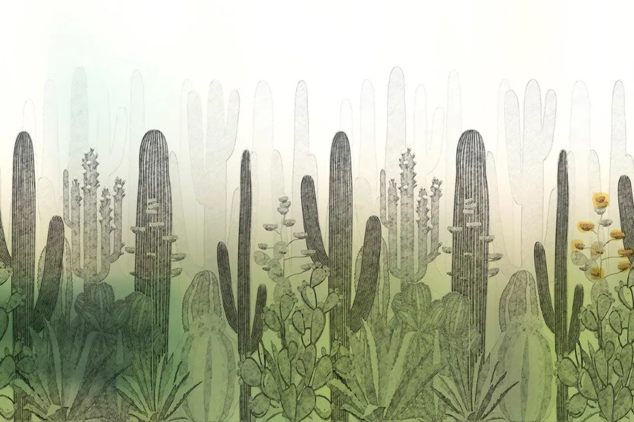 Repeating pattern of tall saguaro cacti with desert plants in muted green and cream tones