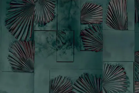 Teal and burgundy fan-shaped leaves arranged asymmetrically on textured tiles