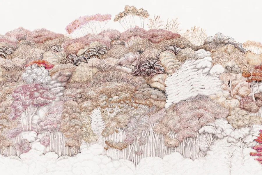 Detailed pastel forest mural with layered trees, delicate linework, and soft pink and beige tones