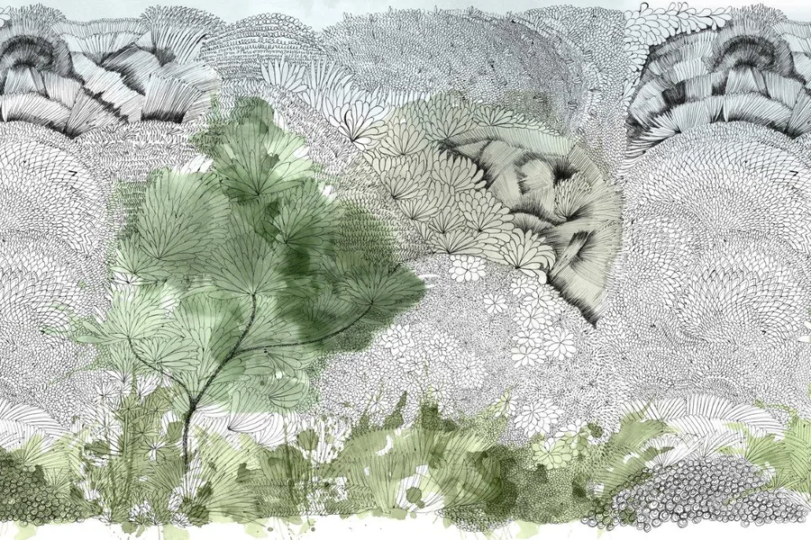Delicate botanical line art with watercolor green foliage and textured pen drawings on soft background
