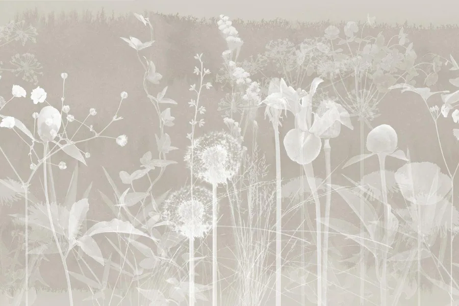 Soft cream and white botanical mural with layered wildflowers, dandelions, and flowering plants in an ethereal, translucent style.