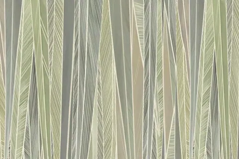 Vertical striped wallpaper with feather textures in soft green, grey and cream tones.