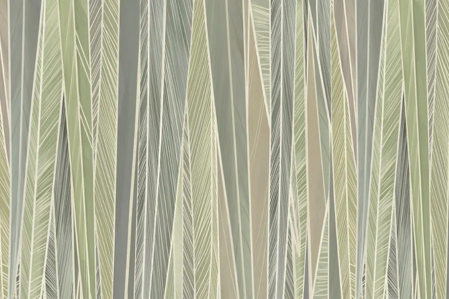 Vertical striped wallpaper with feather textures in soft green, grey and cream tones.