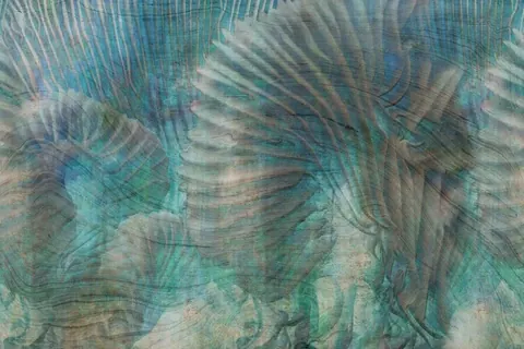 Overlapping feathered brushstrokes in turquoise, teal, and beige with textured, translucent layers.
