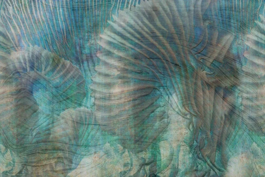 Overlapping feathered brushstrokes in turquoise, teal, and beige with textured, translucent layers.