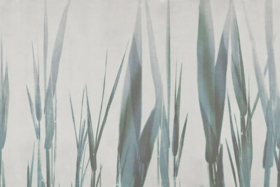 Soft grey and sage green grass blade pattern with subtle shadows and depth on light background