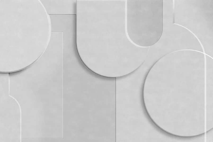 Abstract geometric pattern with rounded circles and rectangular shapes in white and grey tones