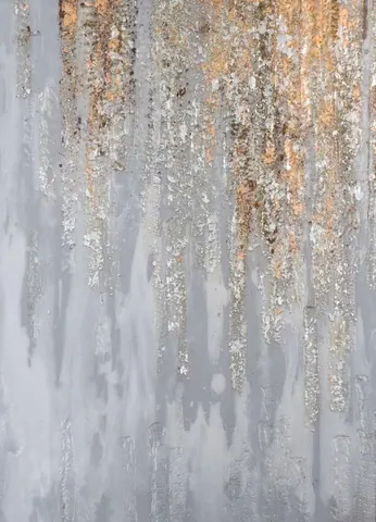 Vertical gold and cream drips on grey textured background with metallic shimmer effect