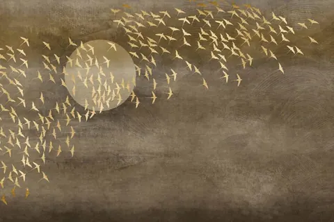 Gold birds in flight around a moon on taupe textured background
