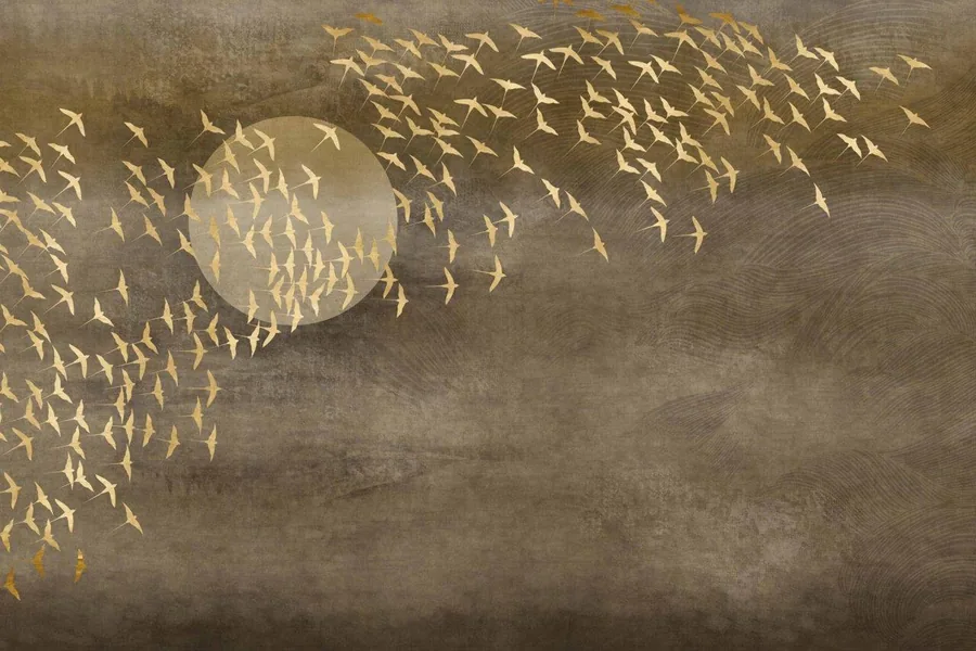 Gold birds in flight around a moon on taupe textured background