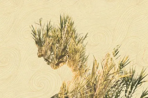 Abstract wallpaper design with golden dried grasses and wheat stalks on cream background with spiral texture