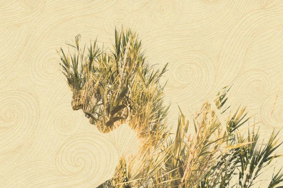 Abstract wallpaper design with golden dried grasses and wheat stalks on cream background with spiral texture