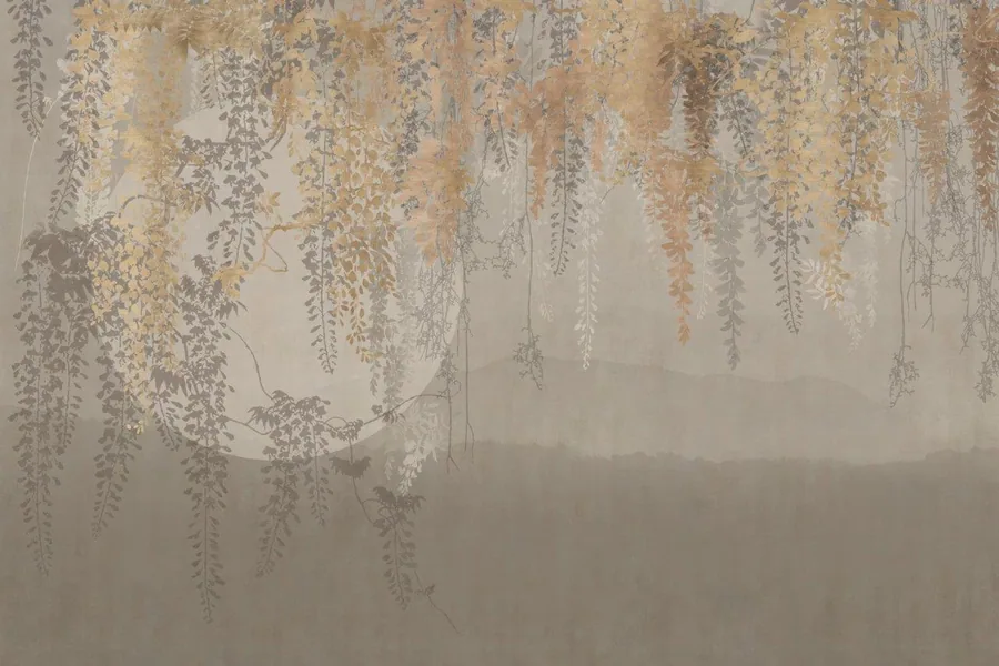 Delicate golden and silver willow branches hanging over a soft, foggy neutral background.