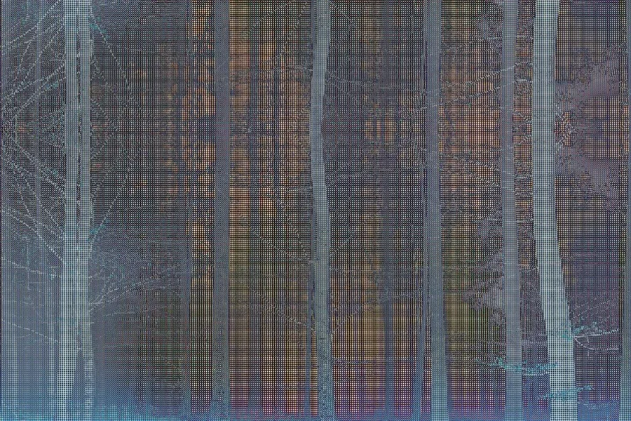 Vertical striped mural with iridescent metallics and deep blue-purple tones