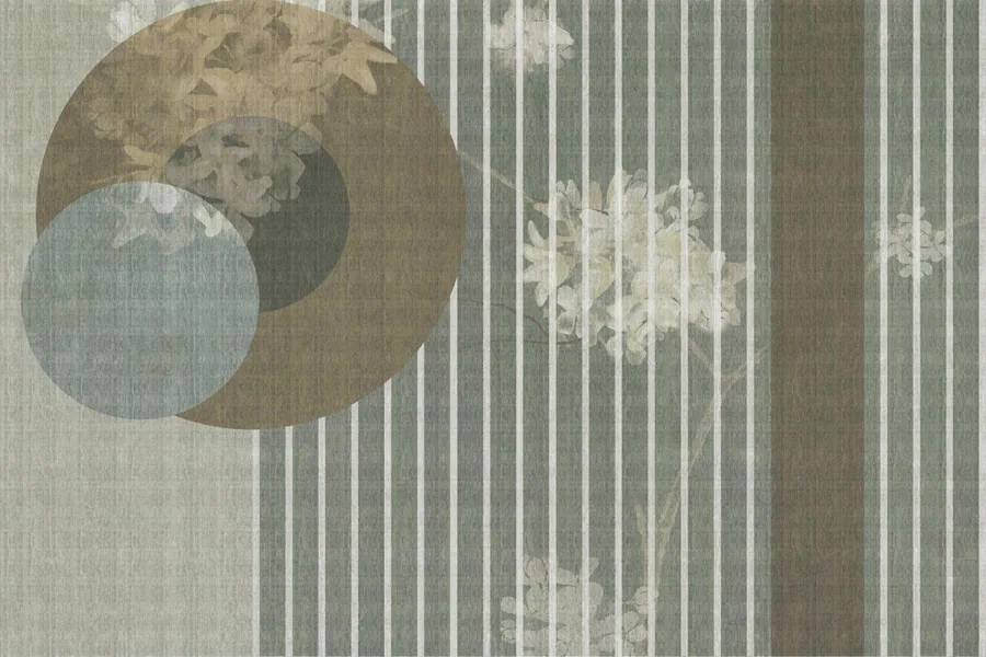 Abstract wallpaper with vertical stripes and overlapping circular moon motifs in beige and blue tones