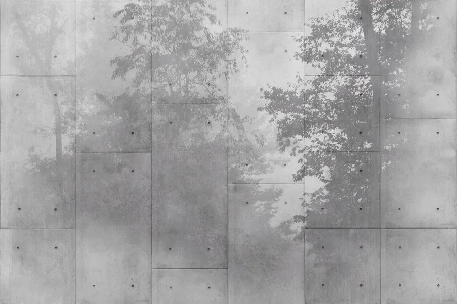 Monochrome misty forest with tall trees behind a concrete tile pattern overlay