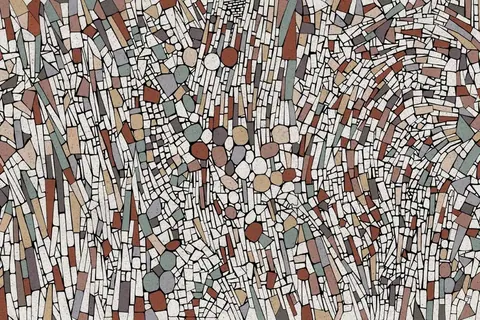 Abstract geometric mosaic pattern with interlocking rectangular and circular tiles in warm browns, creams, and grays