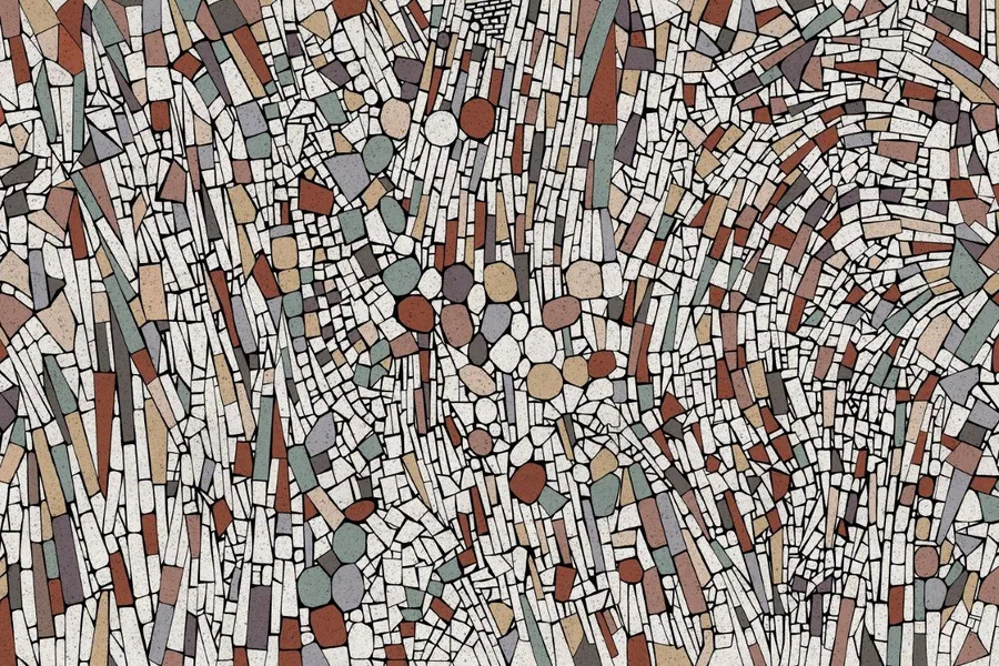 Abstract geometric mosaic pattern with interlocking rectangular and circular tiles in warm browns, creams, and grays