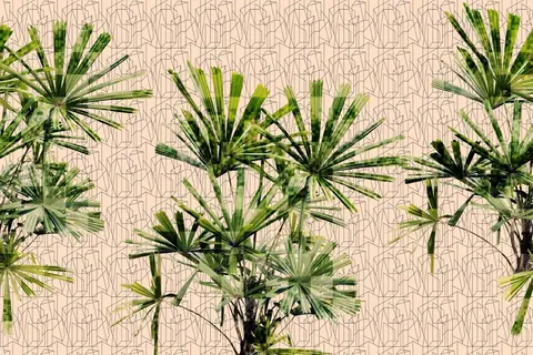 Green palm fronds with geometric line pattern on beige textured background