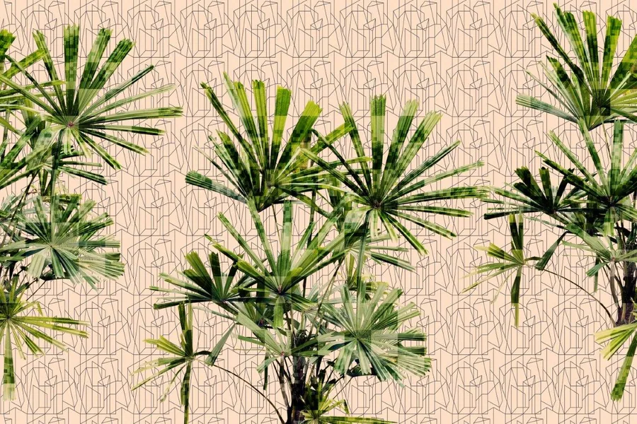 Green palm fronds with geometric line pattern on beige textured background