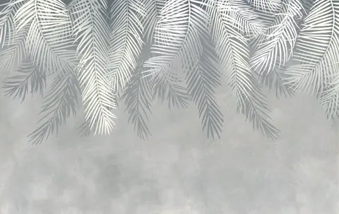Overlapping palm fronds with linear shadow patterns on a textured grey concrete background.