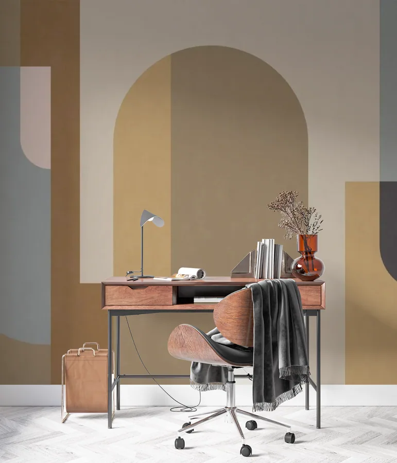 Abstract geometric wallpaper with layered rectangular and curved shapes in beige, taupe, and cream tones