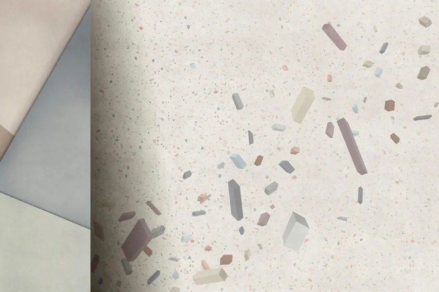 Beige terrazzo texture with multicoloured stone chip fragments in soft pastels and neutrals