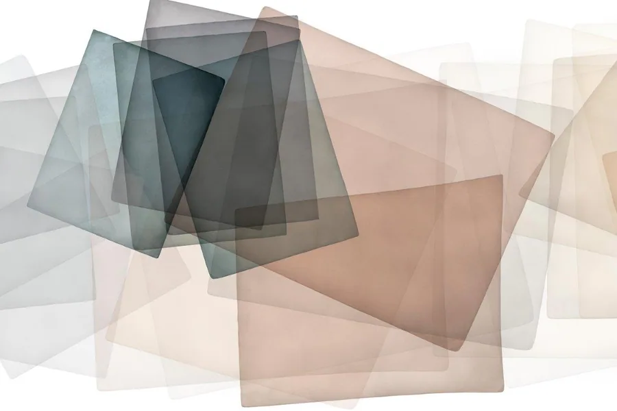 Abstract overlapping translucent geometric shapes in cream, taupe, and teal tones