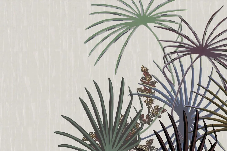 Botanical wallpaper with green and purple palm fronds and brown flowering stems on cream textured background.
