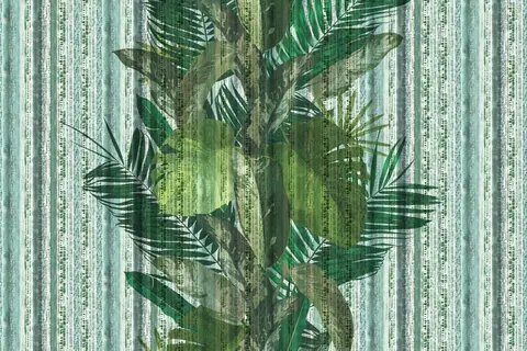 Layered palm leaves with metallic silver stripes on soft green and white textured background