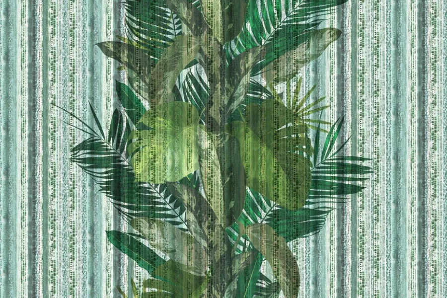 Layered palm leaves with metallic silver stripes on soft green and white textured background