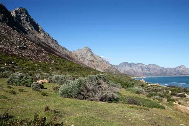 Rocky mountain slopes with green vegetation overlooking a turquoise bay and distant peaks under clear blue sky.