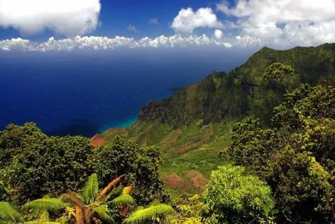 Aerial view of verdant cliffs overlooking turquoise ocean waters with white clouds and blue sky