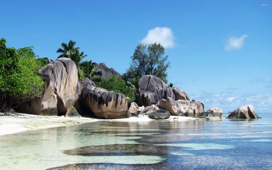 Granite boulders on white sand beach with turquoise water and palm trees under blue sky