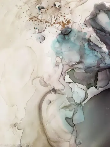 Abstract watercolor marble mural with soft turquoise, grey, and cream flowing washes and spattered accents.