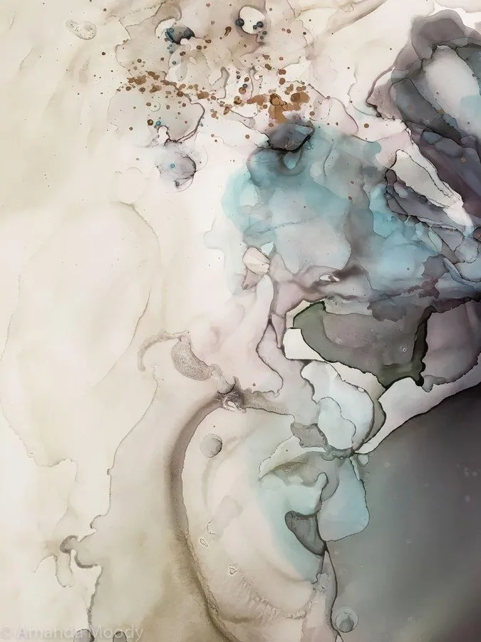 Abstract watercolor marble mural with soft turquoise, grey, and cream flowing washes and spattered accents.
