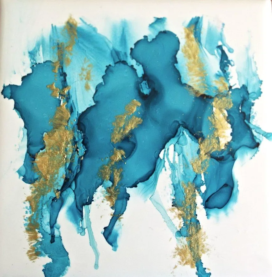 Abstract watercolor mural with deep teal, light blue, and gold leaf drips on cream background.