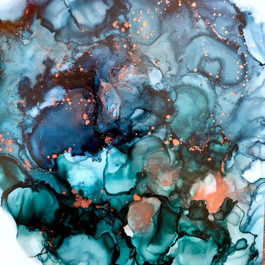 Abstract marble pattern with swirling teal and deep blue tones scattered with copper metallic flecks and white veining.