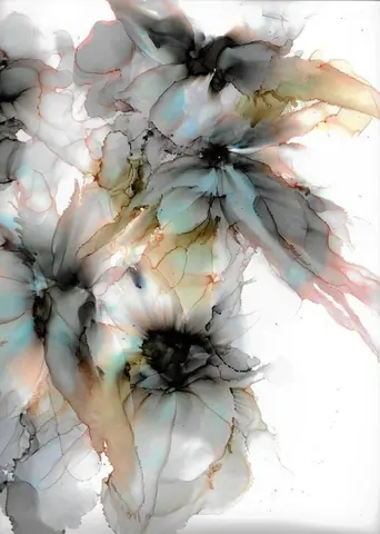 Abstract watercolor flowers with charcoal centers and turquoise veining on white background