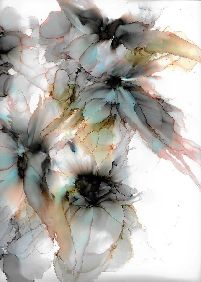 Abstract watercolor flowers with charcoal centers and turquoise veining on white background