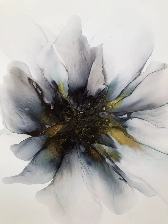 Watercolor flower with white petals and golden center on soft gray background