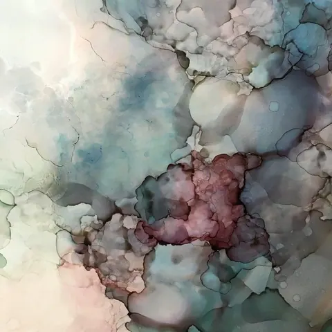 Abstract watercolor mural with flowing blush pink, sage green, and slate blue ink clouds on cream background
