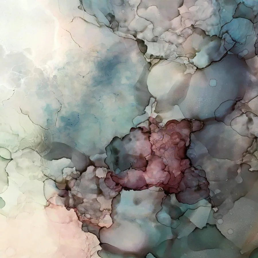Abstract watercolor mural with flowing blush pink, sage green, and slate blue ink clouds on cream background