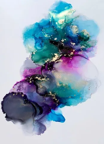Abstract watercolor mural with flowing blue, purple, and teal washes accented by gold speckles